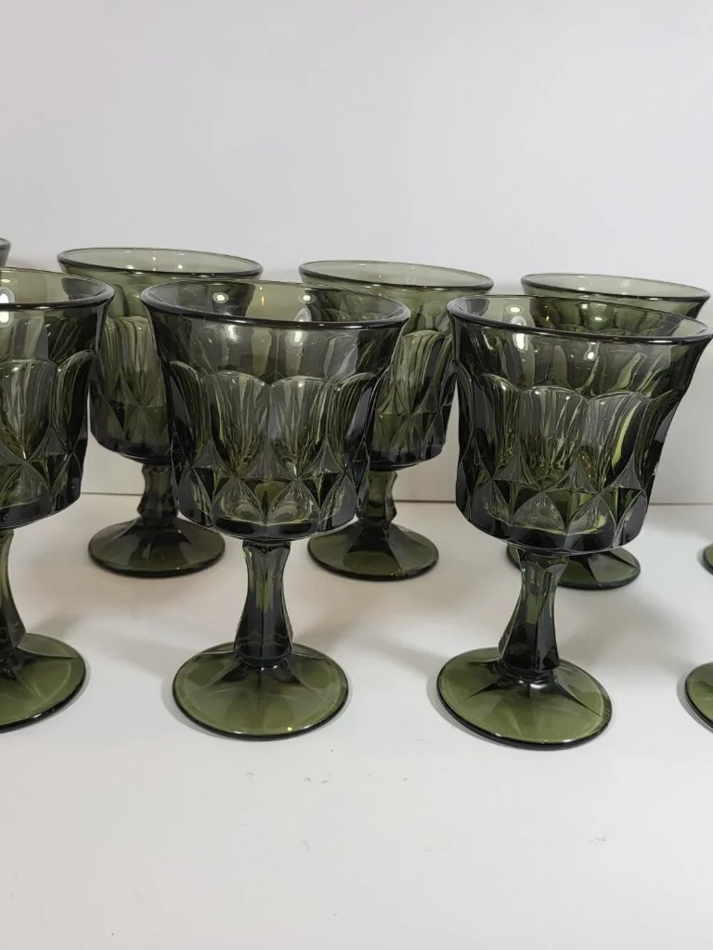 Set of 9(5 Water,4 Wine)1970s Mid Century Modern Avocado Green Pressed Glass Ste